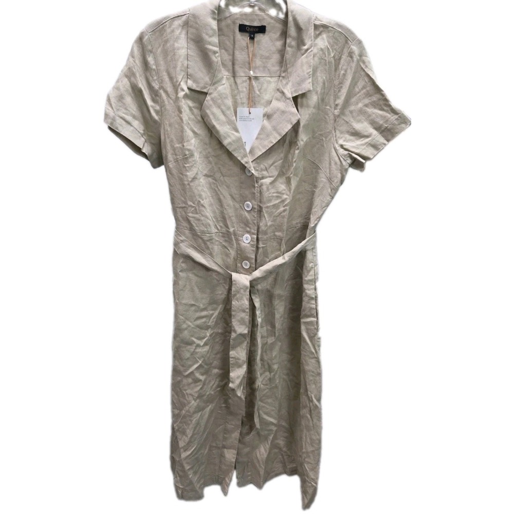 Quince 100% European Linen Short Sleeve Button Down Midi Shirt Dress Sand Small